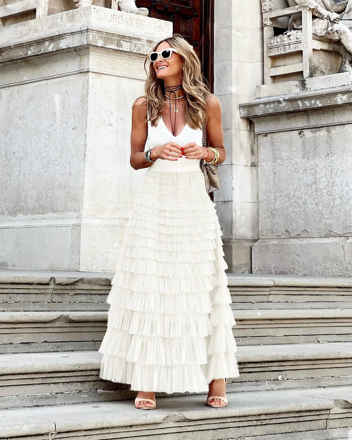 Lune London | Casual Women Solid Ball Gown Long Skirt Tulle High Waist Pleated Tutu Skirt Elegant Women Wild Net Dating Maxi Skirts Drop