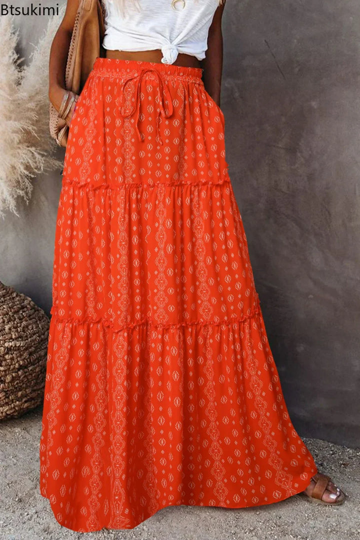 Lune London | High Waisted Long Printed A-Line Skirt Flower Skirt