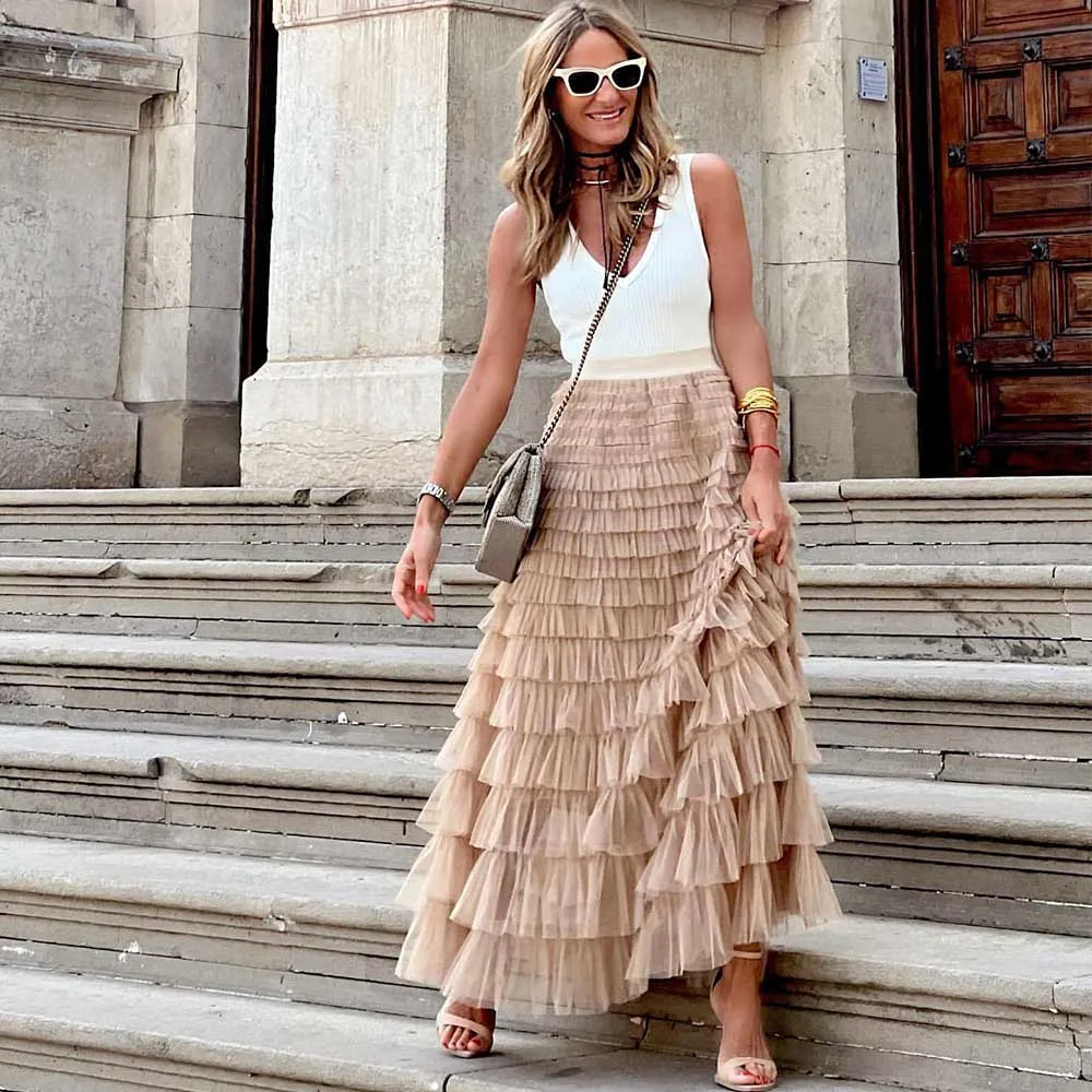 Lune London | Casual Women Solid Ball Gown Long Skirt Tulle High Waist Pleated Tutu Skirt Elegant Women Wild Net Dating Maxi Skirts Drop