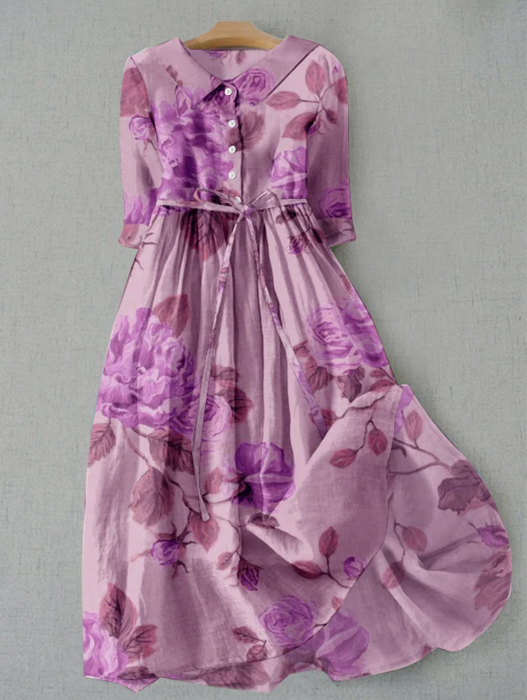 Chic und Stil | Linen dress with floral pattern and button placket for women