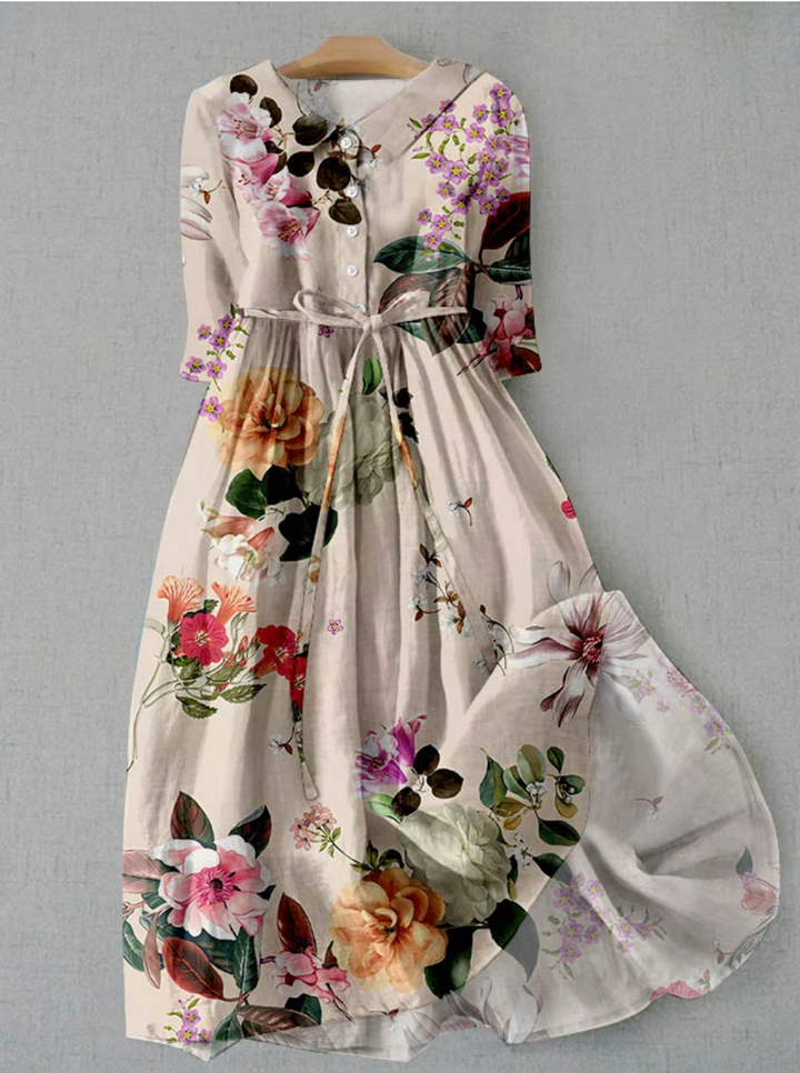 Chic und Stil | Linen dress with floral pattern and button placket for women