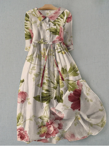 Chic und Stil | Linen dress with floral pattern and button placket for women