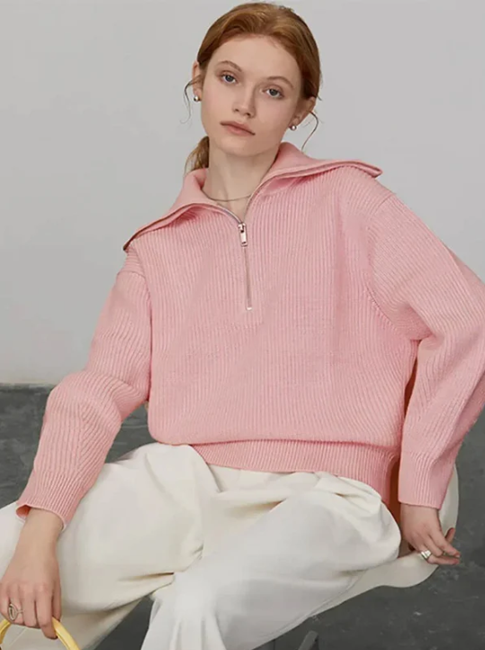 Lune London | Pullover Sweatshirt - Wool Knit - Loose Fit - High Zip Collar - Ribbed Trim