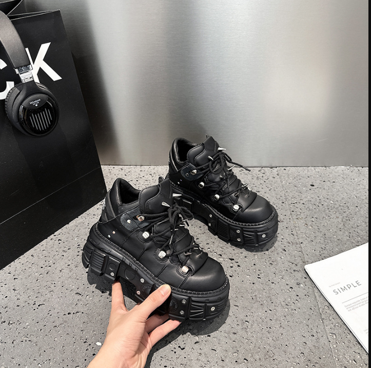 Lune London | Fashion Women Ankle Boots Ladies Thin Heels Round Toe Lace-Up Metal Decoration Sneakers Miss Studded Punk Gothic Rock Shoes