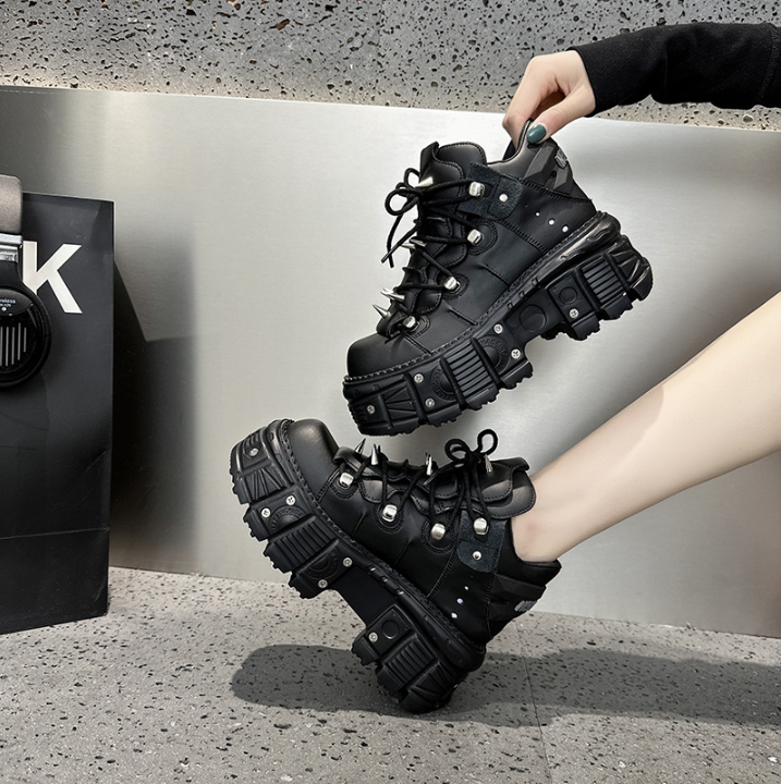 Lune London | Fashion Women Ankle Boots Ladies Thin Heels Round Toe Lace-Up Metal Decoration Sneakers Miss Studded Punk Gothic Rock Shoes