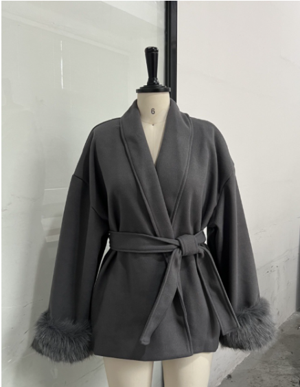 Lune London | Wool Jacket with Belt and Faux Fur Cuffs