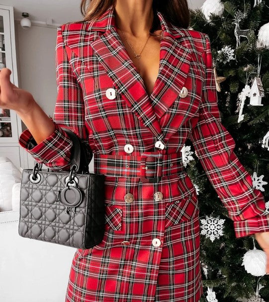 Lune London | plaid coat-dress with double row of buttons and belt