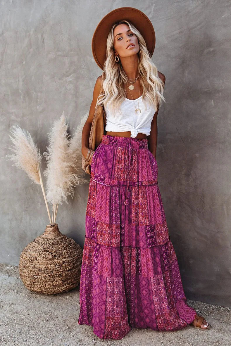 Lune London | High Waisted Long Printed A-Line Skirt Flower Skirt