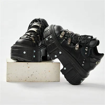 Lune London | Fashion Women Ankle Boots Ladies Thin Heels Round Toe Lace-Up Metal Decoration Sneakers Miss Studded Punk Gothic Rock Shoes