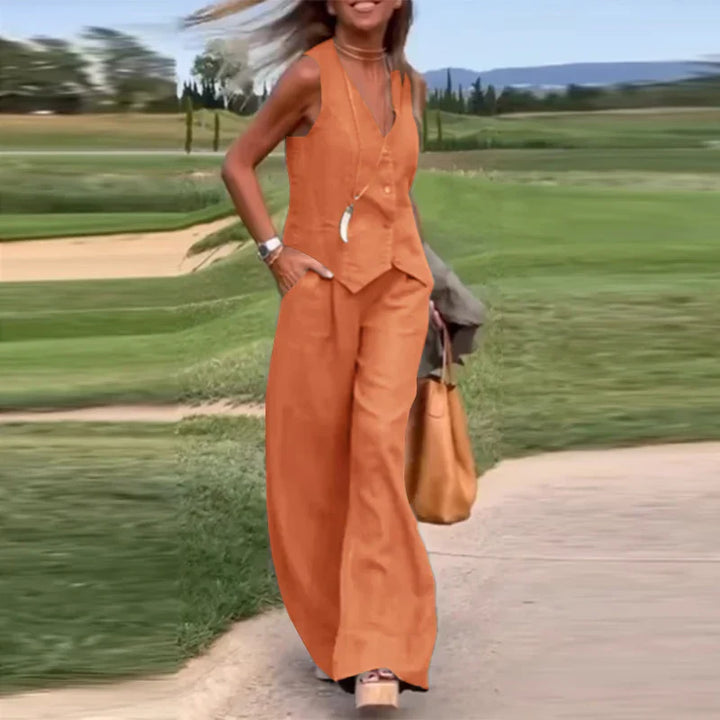 Lune London | Modern Set Elegant Sleeveless V-Neck Top and Wide Leg Trousers Women's Suit