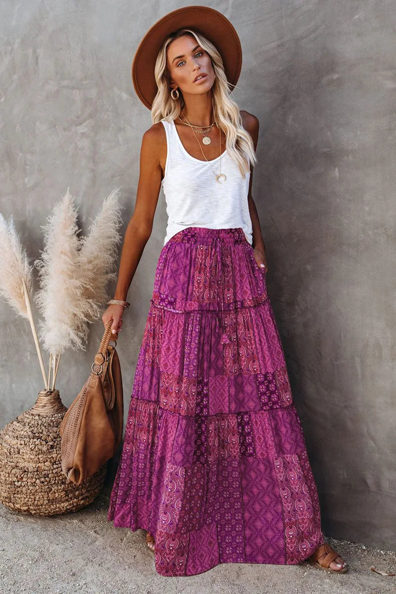 Lune London | High Waisted Long Printed A-Line Skirt Flower Skirt