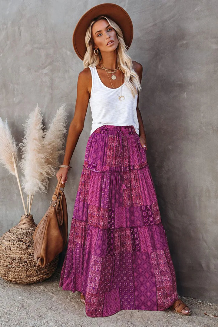 Lune London | High Waisted Long Printed A-Line Skirt Flower Skirt