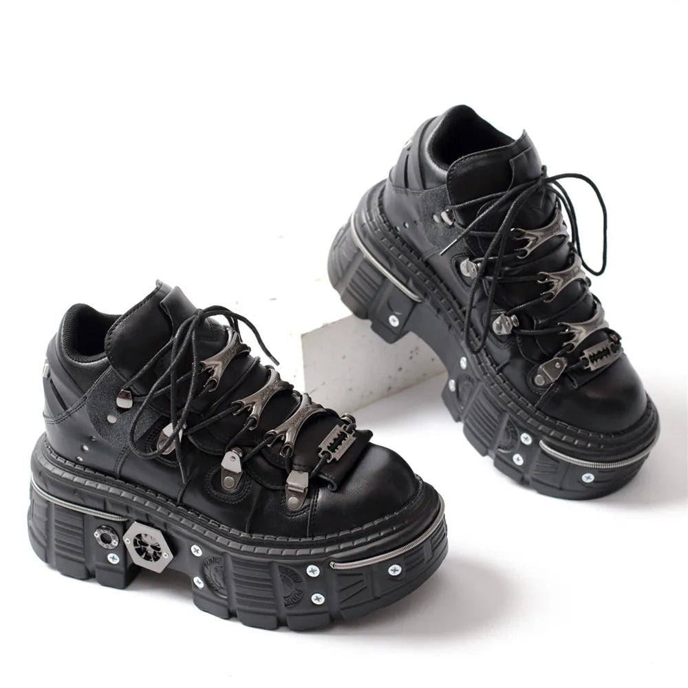 Lune London | Fashion Women Ankle Boots Ladies Thin Heels Round Toe Lace-Up Metal Decoration Sneakers Miss Studded Punk Gothic Rock Shoes
