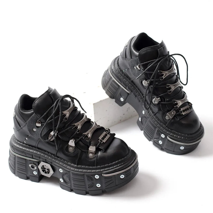 Lune London | Fashion Women Ankle Boots Ladies Thin Heels Round Toe Lace-Up Metal Decoration Sneakers Miss Studded Punk Gothic Rock Shoes
