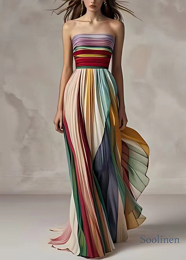 Lune London | Fit Gestreifte Kalte Schulter Geraffte Lange Kleid Ohne Ärmel