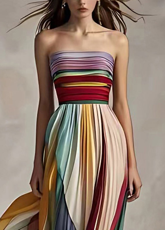 Lune London | Fit Gestreifte Kalte Schulter Geraffte Lange Kleid Ohne Ärmel