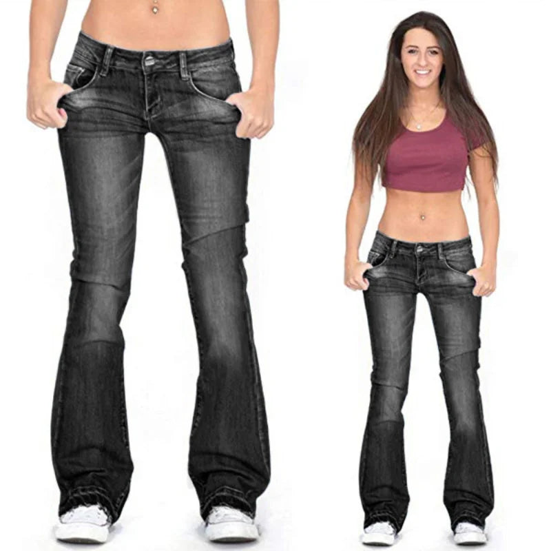 Chic and Style - Women's Low Rise Flared Jeans: Vintage casual skinny jeans with flared legs