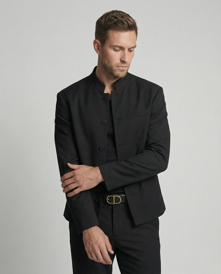Stylish black men's short jacket with stand-up collar in modern clean fit look