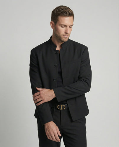 Stylish black men's short jacket with stand-up collar in modern clean fit look
