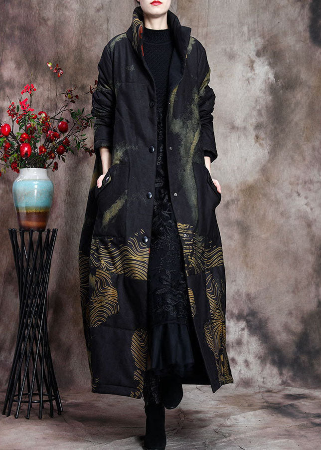 Lune London | Padded wool coats in fine cotton with large printed pockets and black high collar winter