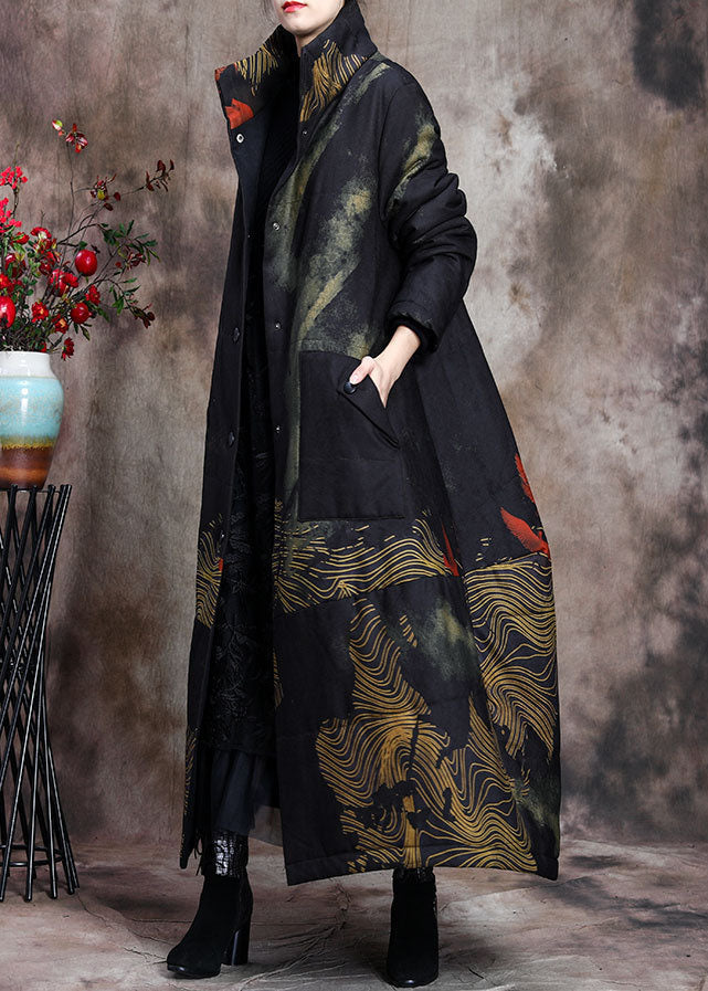 Lune London | Padded wool coats in fine cotton with large printed pockets and black high collar winter