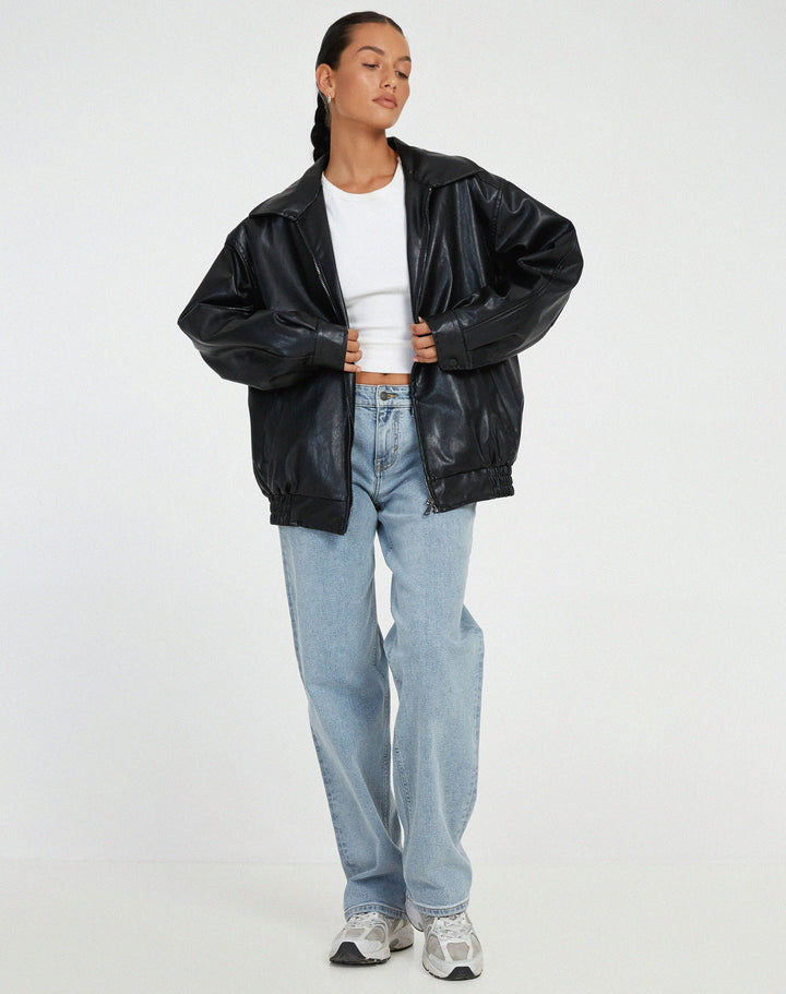 Lune London | Oversized Jacket Faux Leather Zipper Faux Leather Jacket Women's Jackets