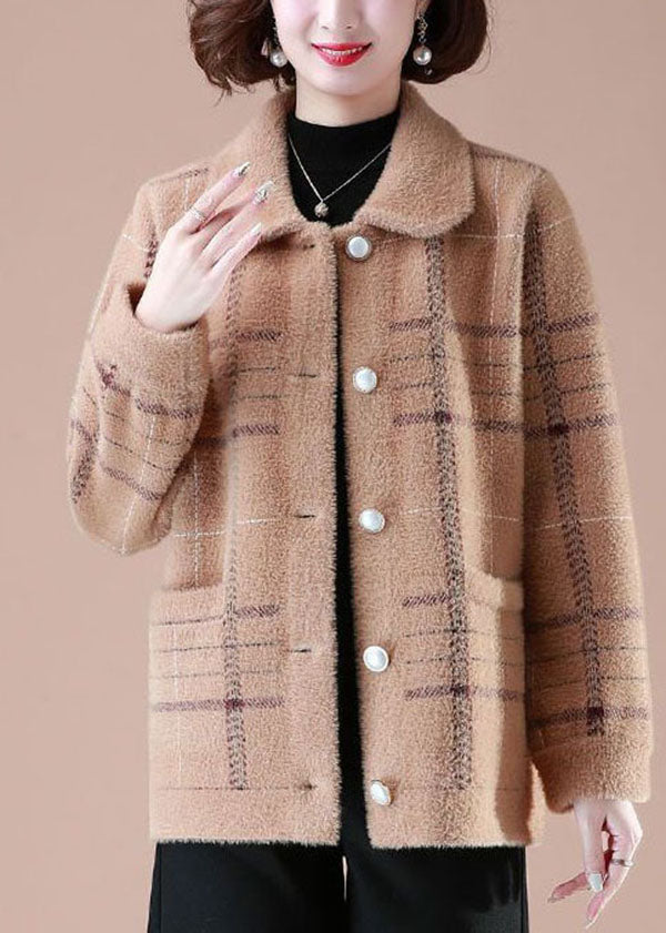 Lune London | Khaki Peter Pan Collar Plaid Mink Hair Pockets Knit Winter Coats