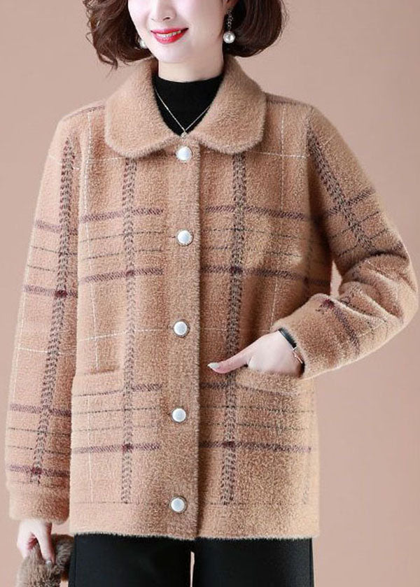 Lune London | Khaki Peter Pan Collar Plaid Mink Hair Pockets Knit Winter Coats