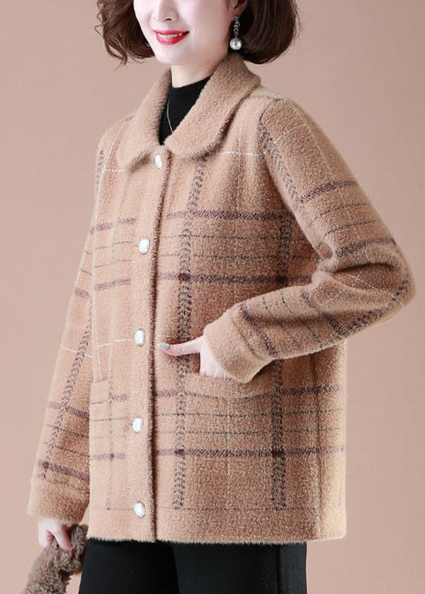 Lune London | Khaki Peter Pan Collar Plaid Mink Hair Pockets Knit Winter Coats