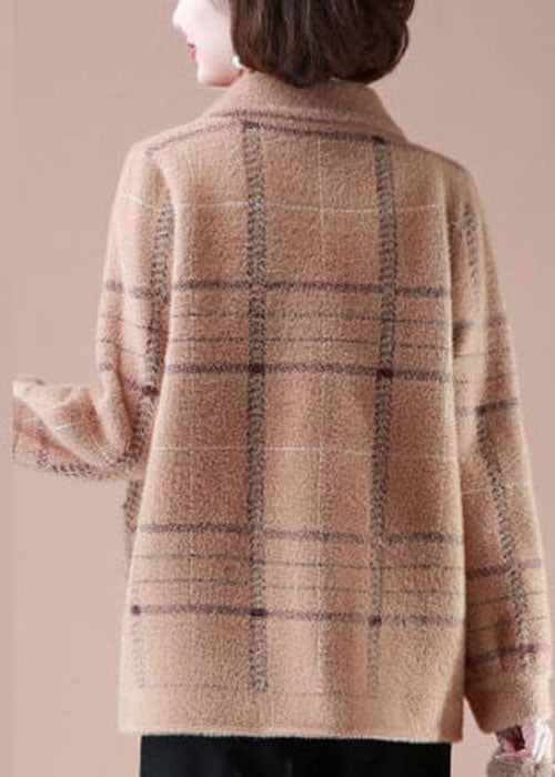 Lune London | Khaki Peter Pan Collar Plaid Mink Hair Pockets Knit Winter Coats