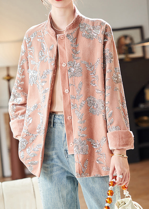 Lune London | Silk velvet coats with pink sequin buttons and long sleeves