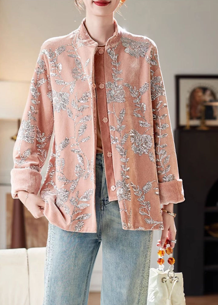 Lune London | Silk velvet coats with pink sequin buttons and long sleeves