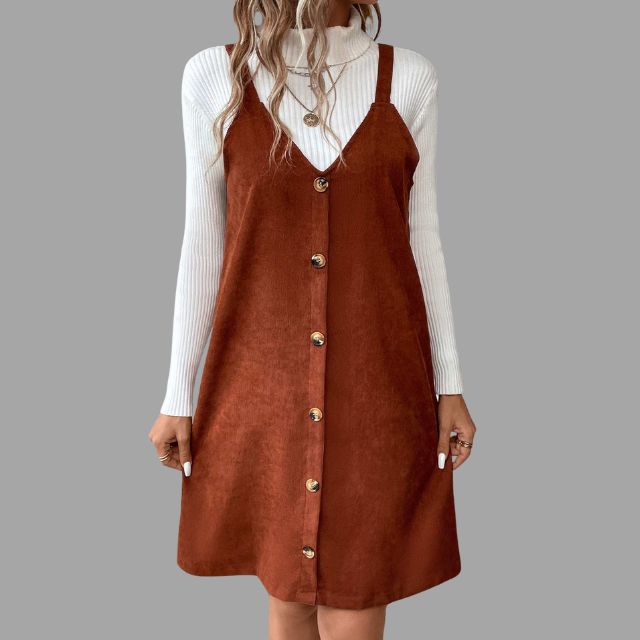 Lune London | Cord dress with straps, V-neck and button details