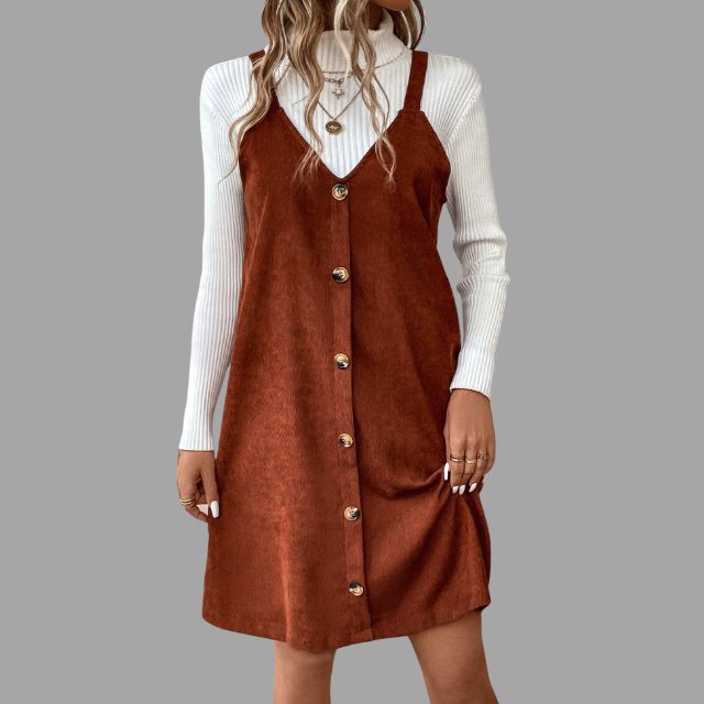 Lune London | Cord dress with straps, V-neck and button details