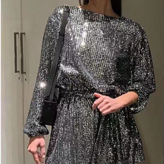 Lune London | Mini sequin dress with pleated waist and loose sleeves