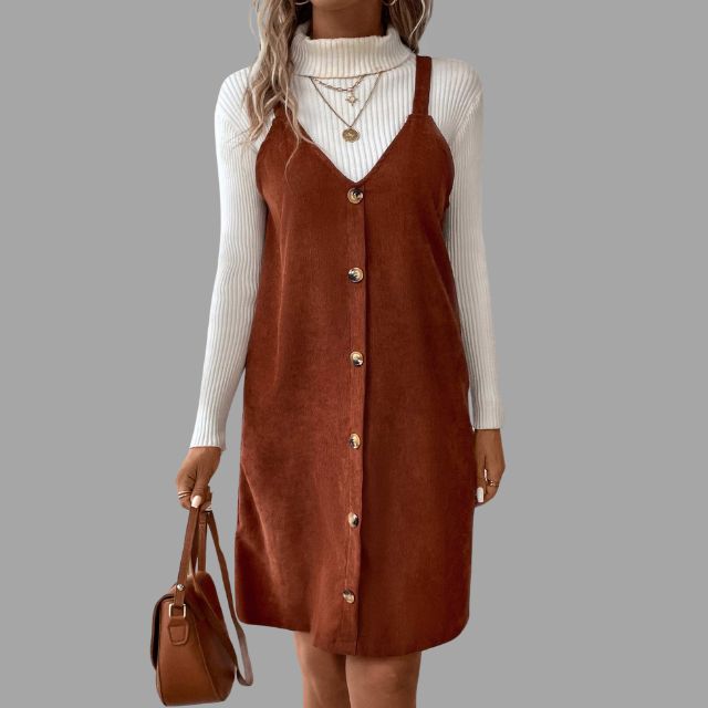 Lune London | Cord dress with straps, V-neck and button details