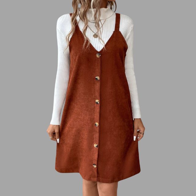 Lune London | Cord dress with straps, V-neck and button details