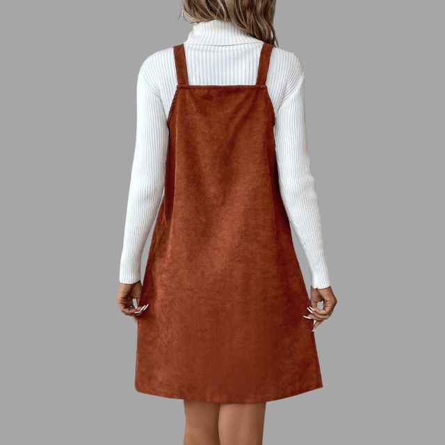 Lune London | Cord dress with straps, V-neck and button details