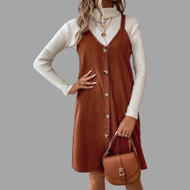 Lune London | Cord dress with straps, V-neck and button details