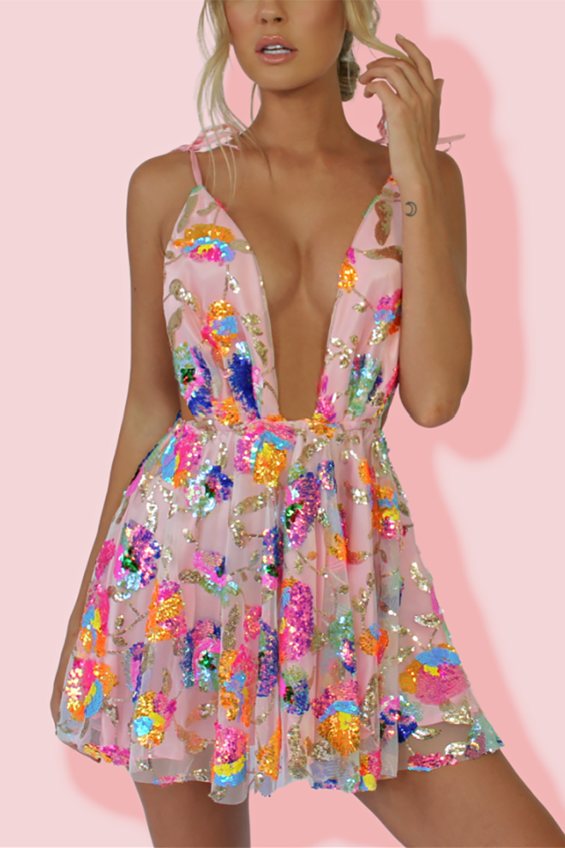 Lune London | Rainbow Sequin Open Back Slip Mini Dress
