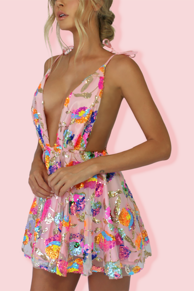 Lune London | Rainbow Sequin Open Back Slip Mini Dress