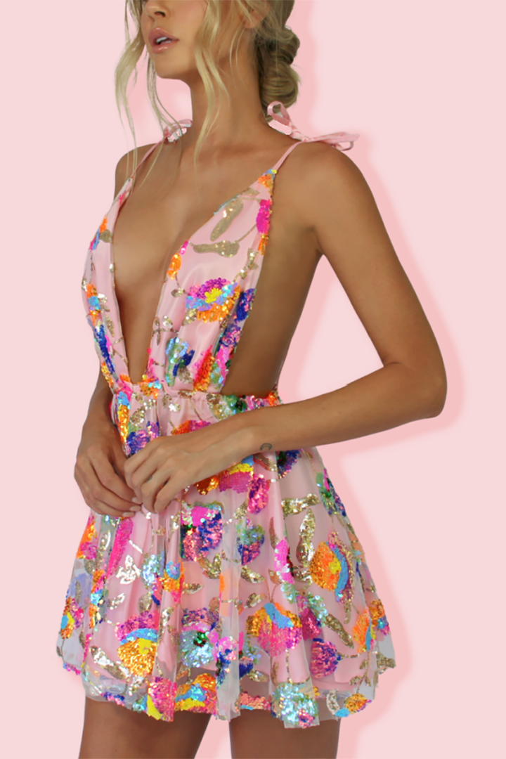 Lune London | Rainbow Sequin Open Back Slip Mini Dress