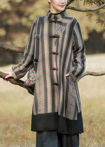 Chic und Stil | Long warm coats in oriental fleece with black striped patchwork buttons winter
