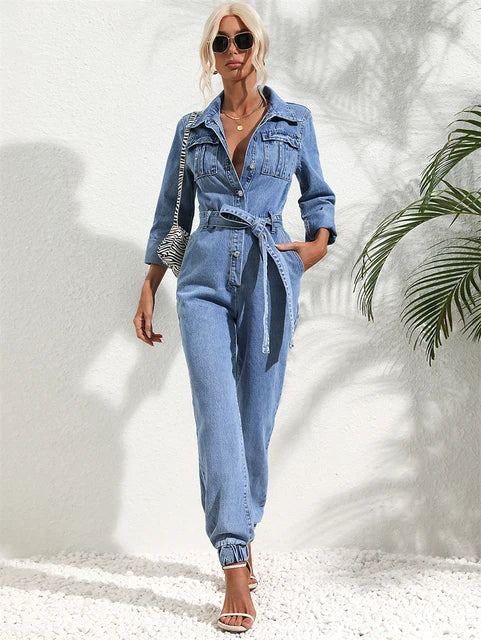 Chic Und Stil | Casual Denim Jumpsuit with Belt and Long Sleeves for Women