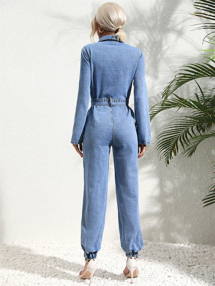 Chic Und Stil | Casual Denim Jumpsuit with Belt and Long Sleeves for Women