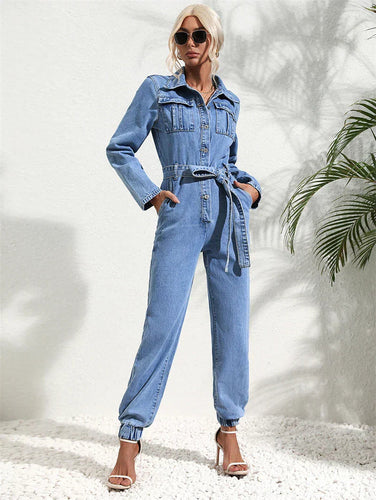 Chic Und Stil | Casual Denim Jumpsuit with Belt and Long Sleeves for Women