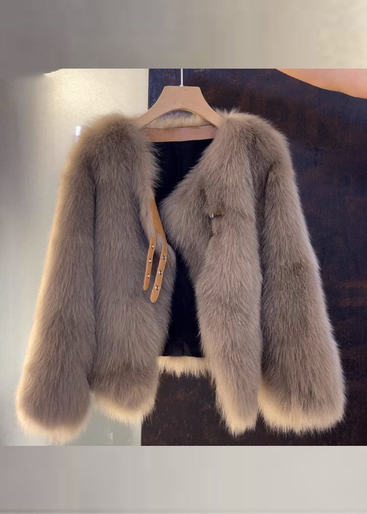 Lune London | Brown leather and fur coats with V-neck