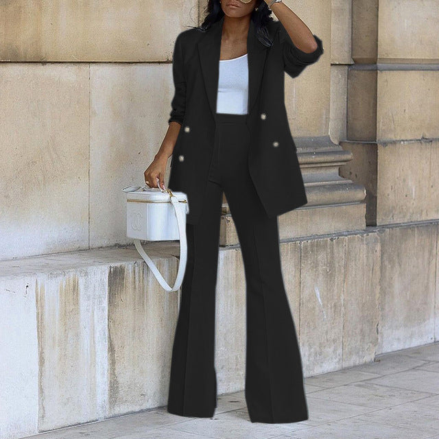 Chic Und Stil | Buttoned Blazer with Flared Trousers Two-Piece Set