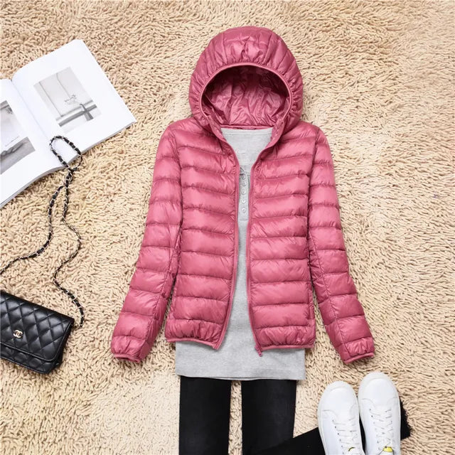 Leder Rosa Daunenmäntel mit Kapuze