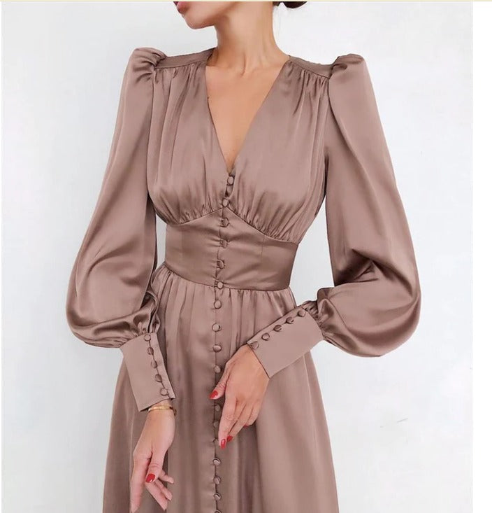 Lune London | Elegant Party Dress with V-Neck and Puff Sleeves for Women